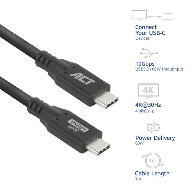 ACT | USB 3.0-Kabel | 10 Gbit/s | 60 W | USB-C auf USB-C | 1 m | Schwarz