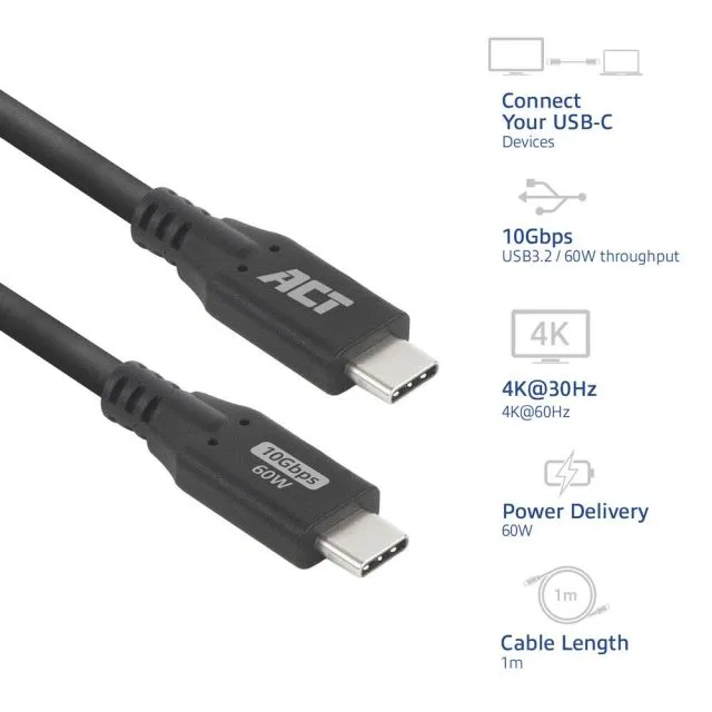 ACT | USB 3.0-Kabel | 10 Gbit/s | 60 W | USB-C auf USB-C | 1 m | Schwarz