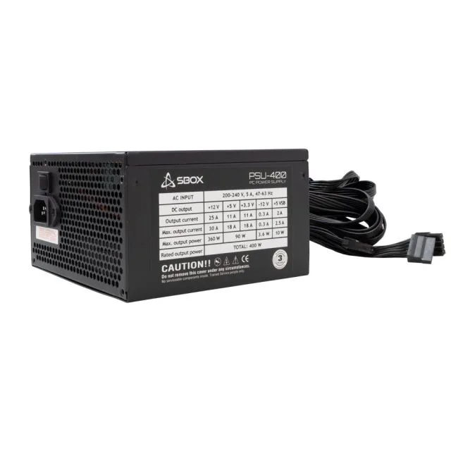 SBOX PSU 400W | ATX Netzteil | 120 mm Lüfter | 140 mm Länge | 24-Pin + 4/8-Pin CPU | 3× SATA | PCI-E 6-Pin | Molex | Schwarzes Metall | RETAIL