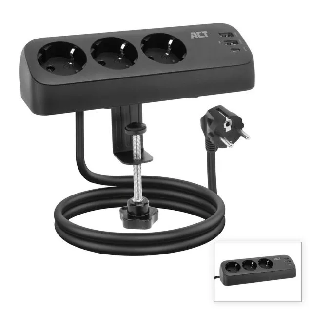 ACT Schreibtisch-Steckdosenleiste mit 3 Typ-F-Steckdosen, 30 W Power Delivery, USB-Typ-C/A-Anschlüssen, Kabellänge 1,5 Meter
