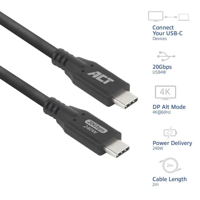 ACT | USB4-Kabel | 20 Gbit/s | 240 W | USB-C auf USB-C | 2 m | Schwarz